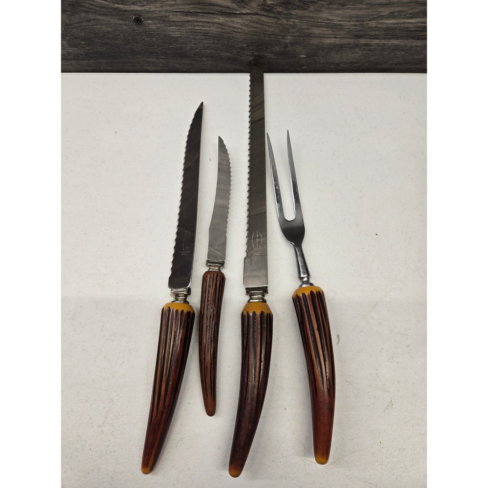Lifetime Cutlery Sheffield England 4pc Carving Set Faux Stag Horn Handle Vintage
